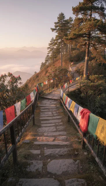 सूर्योदय पर पहाड़ी चढ़ाई का रास्ता
