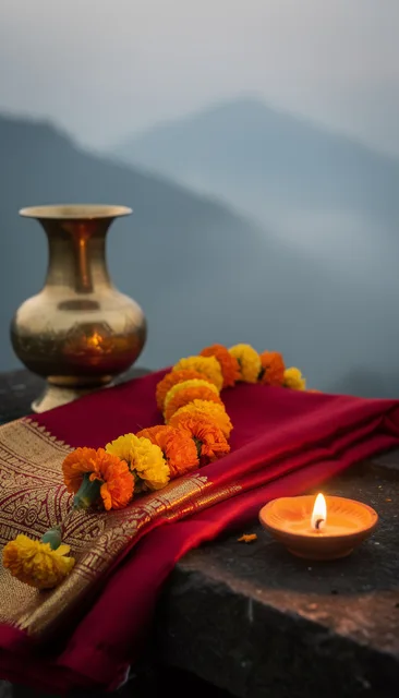 पहाड़ी पत्थर पर चुनरी, गेंदा और दीपक